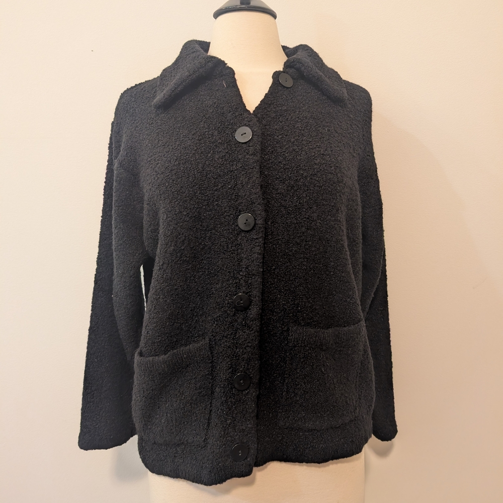 Knitworks By Marisa Christina Black Boucle Wool Blend Collared Cardigan Size XL